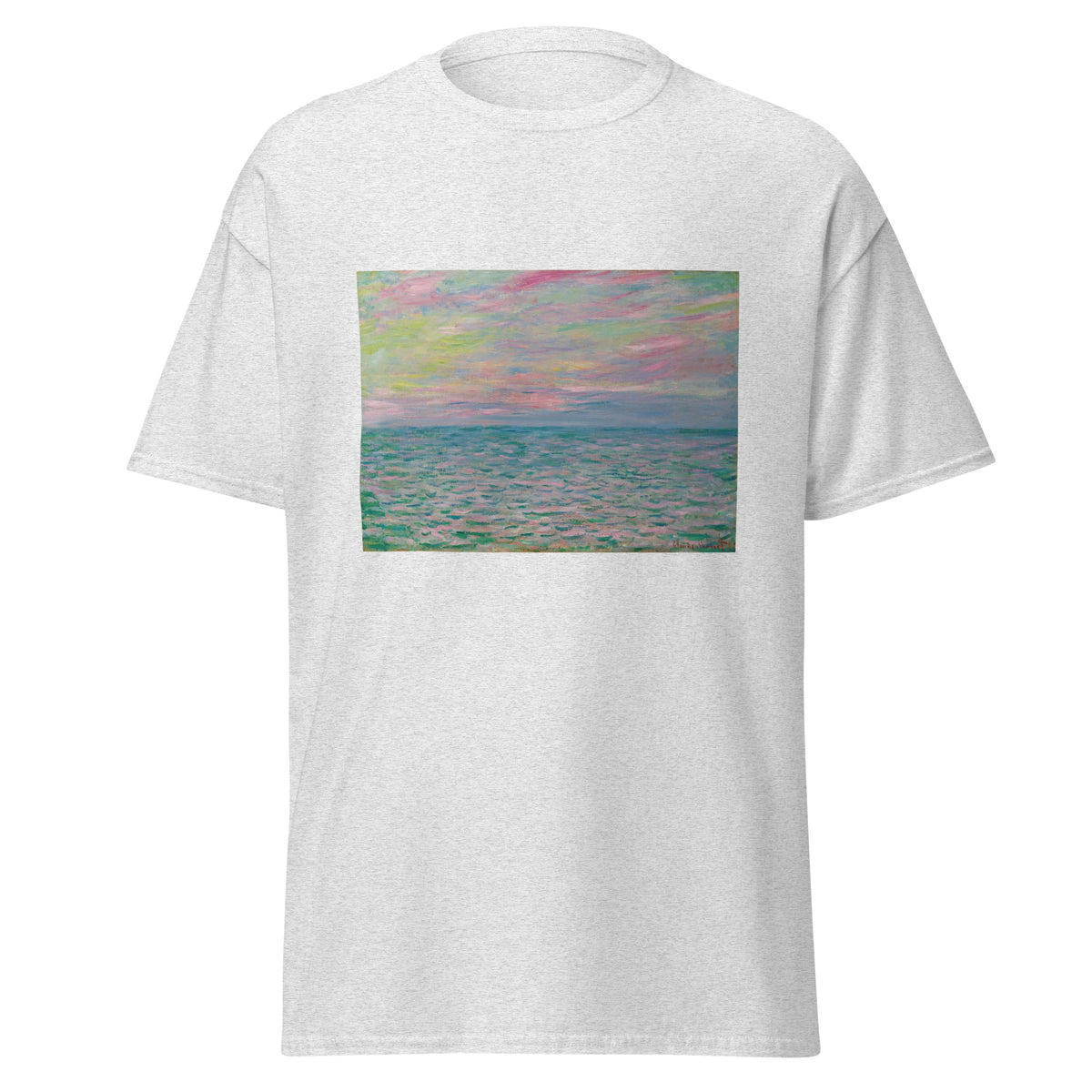 Unisex t-shirt featuring Claude Monet 'Coucher De Soleil À Pourville' artwork, shown in Ash, front view, sizes S–5XL