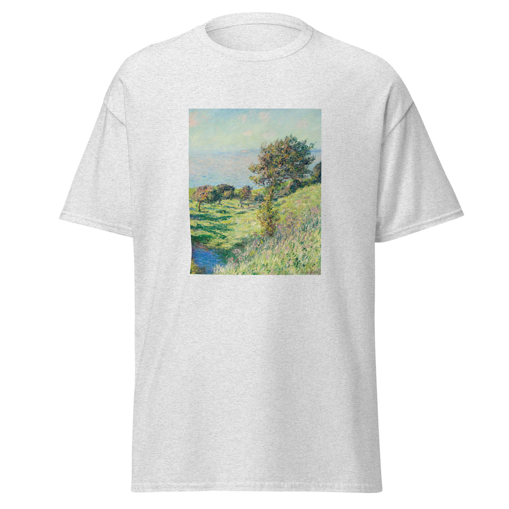 Unisex t-shirt featuring Claude Monet 'Coup de vent' artwork, shown in Ash, front view, sizes S–5XL