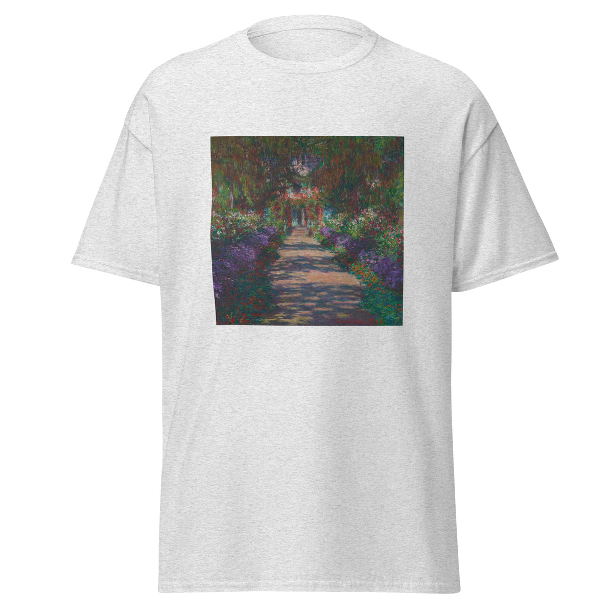 Unisex t-shirt featuring Claude Monet 'Eine Allee in Monets Garten' artwork, shown in Ash, front view, sizes S–5XL