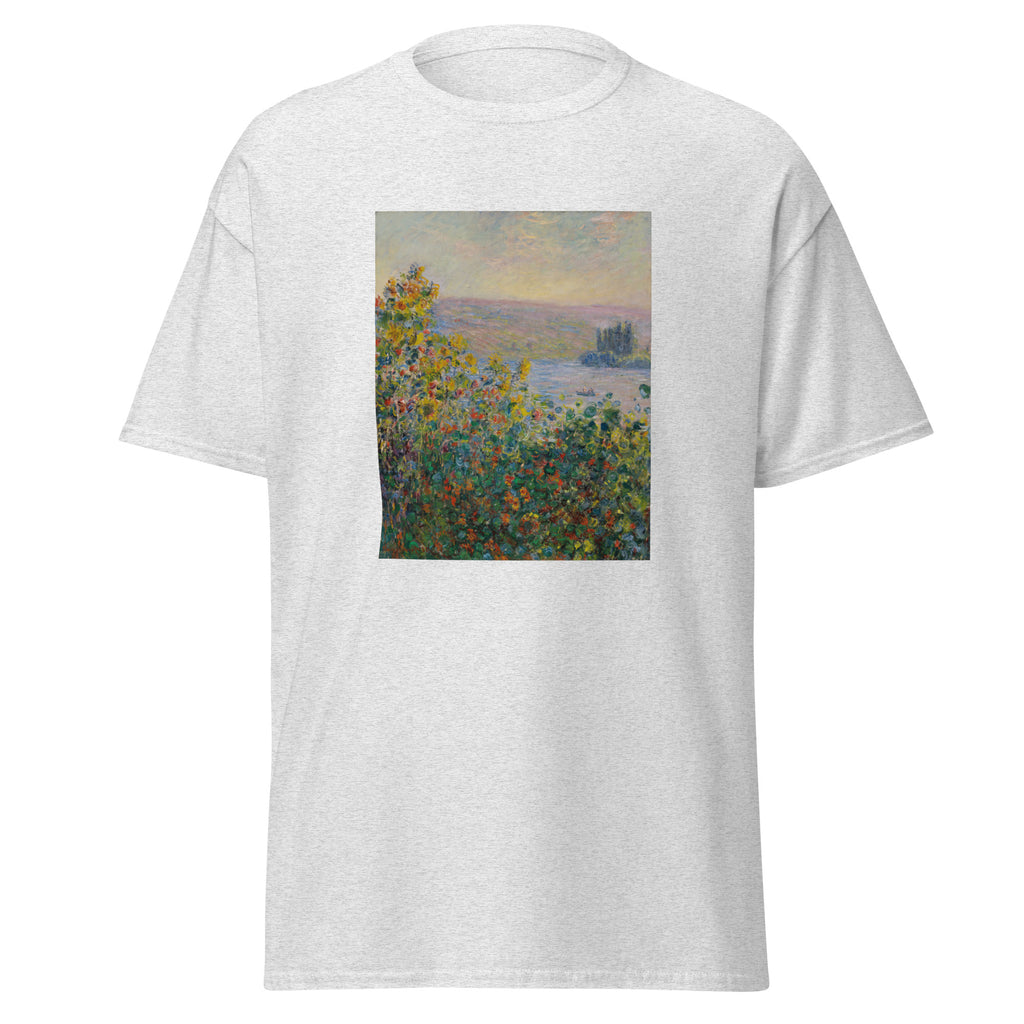 Unisex t-shirt featuring Claude Monet 'Flower Beds at Vétheuil' artwork, shown in Ash, front view, sizes S–5XL