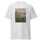 Unisex t-shirt featuring Claude Monet 'Flower Beds at Vétheuil' artwork, shown in Ash, front view, sizes S–5XL