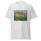 Unisex t-shirt featuring Claude Monet 'Flowering Plum Trees' artwork, shown in Ash, front view, sizes S–5XL