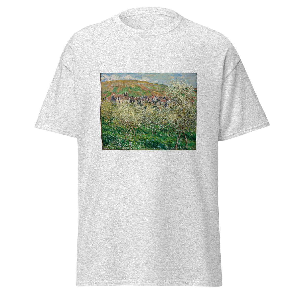 Unisex t-shirt featuring Claude Monet 'Flowering Plum Trees' artwork, shown in Ash, front view, sizes S–5XL