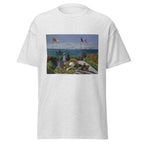 Unisex t-shirt featuring Claude Monet 'Garden at Sainte-Adresse' artwork, shown in Ash, front view, sizes S–5XL