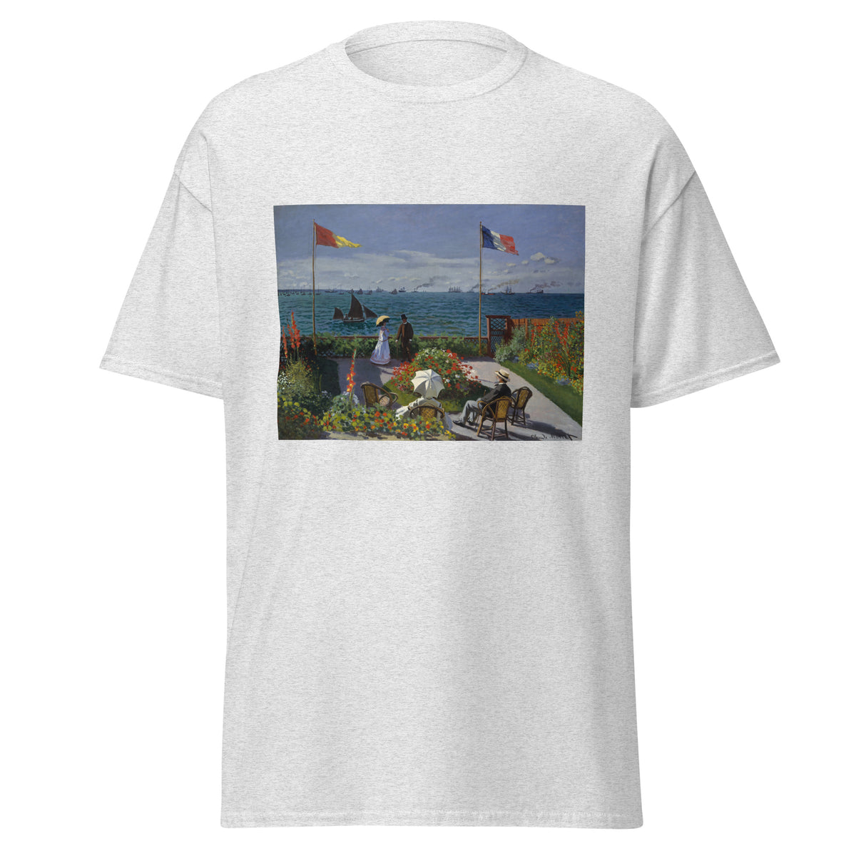 Unisex t-shirt featuring Claude Monet 'Garden at Sainte-Adresse' artwork, shown in Ash, front view, sizes S–5XL