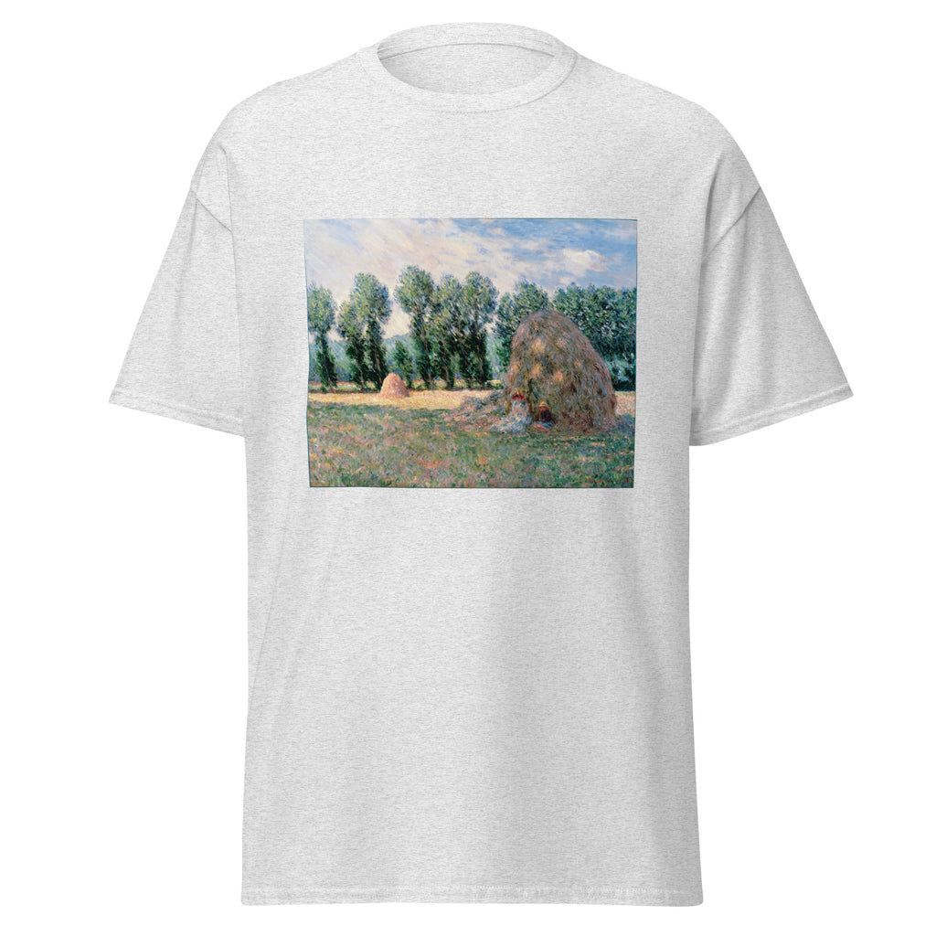 Unisex t-shirt featuring Claude Monet 'Haystacks' artwork, shown in Ash, front view, sizes S–5XL
