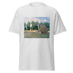 Unisex t-shirt featuring Claude Monet 'Haystacks' artwork, shown in Ash, front view, sizes S–5XL