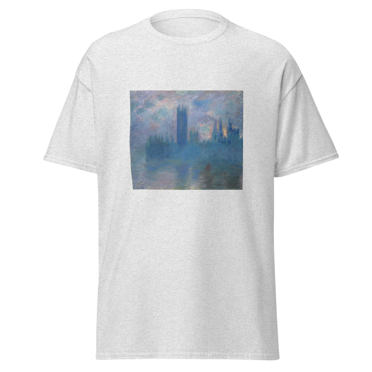 Unisex t-shirt featuring Claude Monet 'Houses of Parliament' artwork, shown in Ash, front view, sizes S–5XL