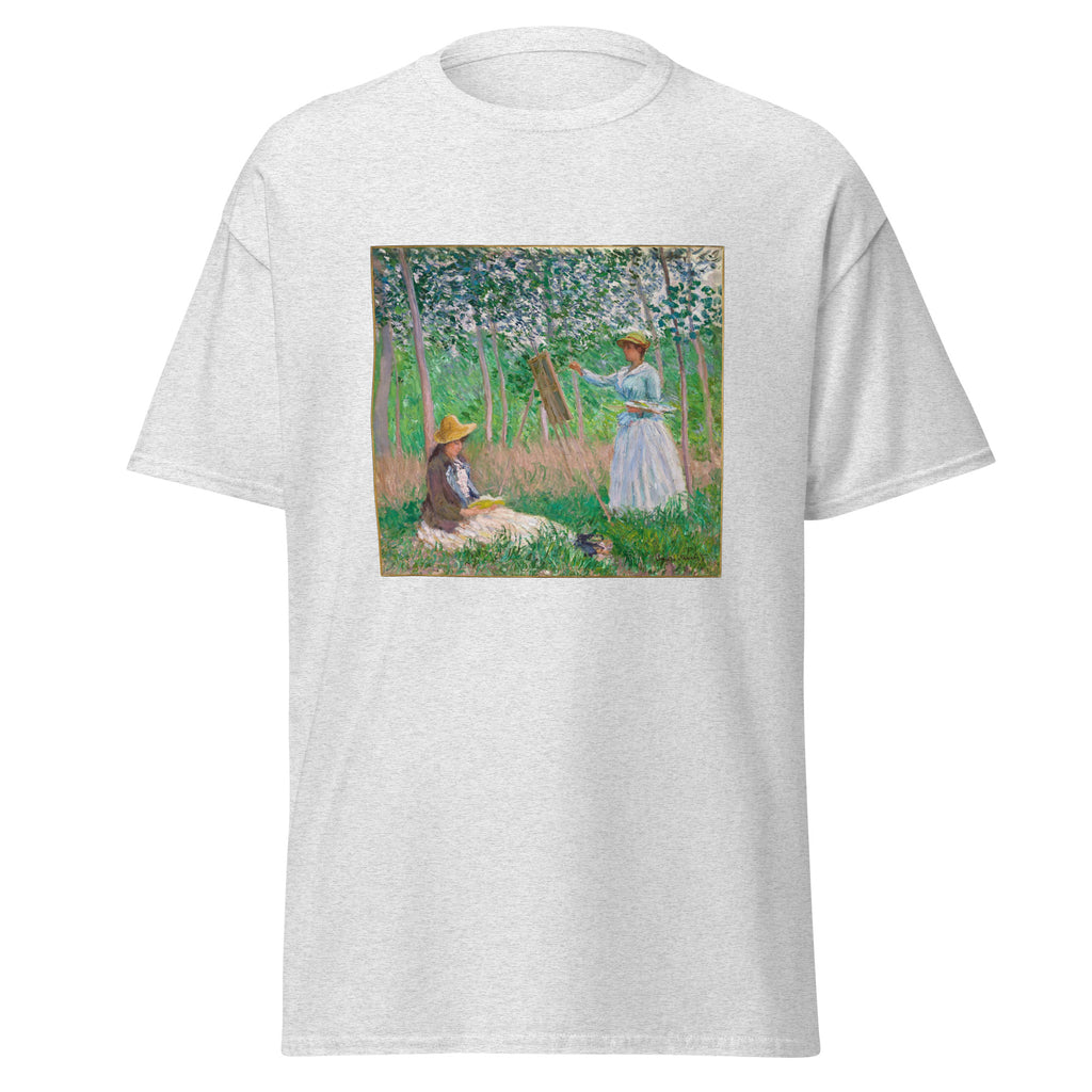 Unisex t-shirt featuring Claude Monet 'In The Woods At Giverny' artwork, shown in Ash, front view, sizes S–5XL