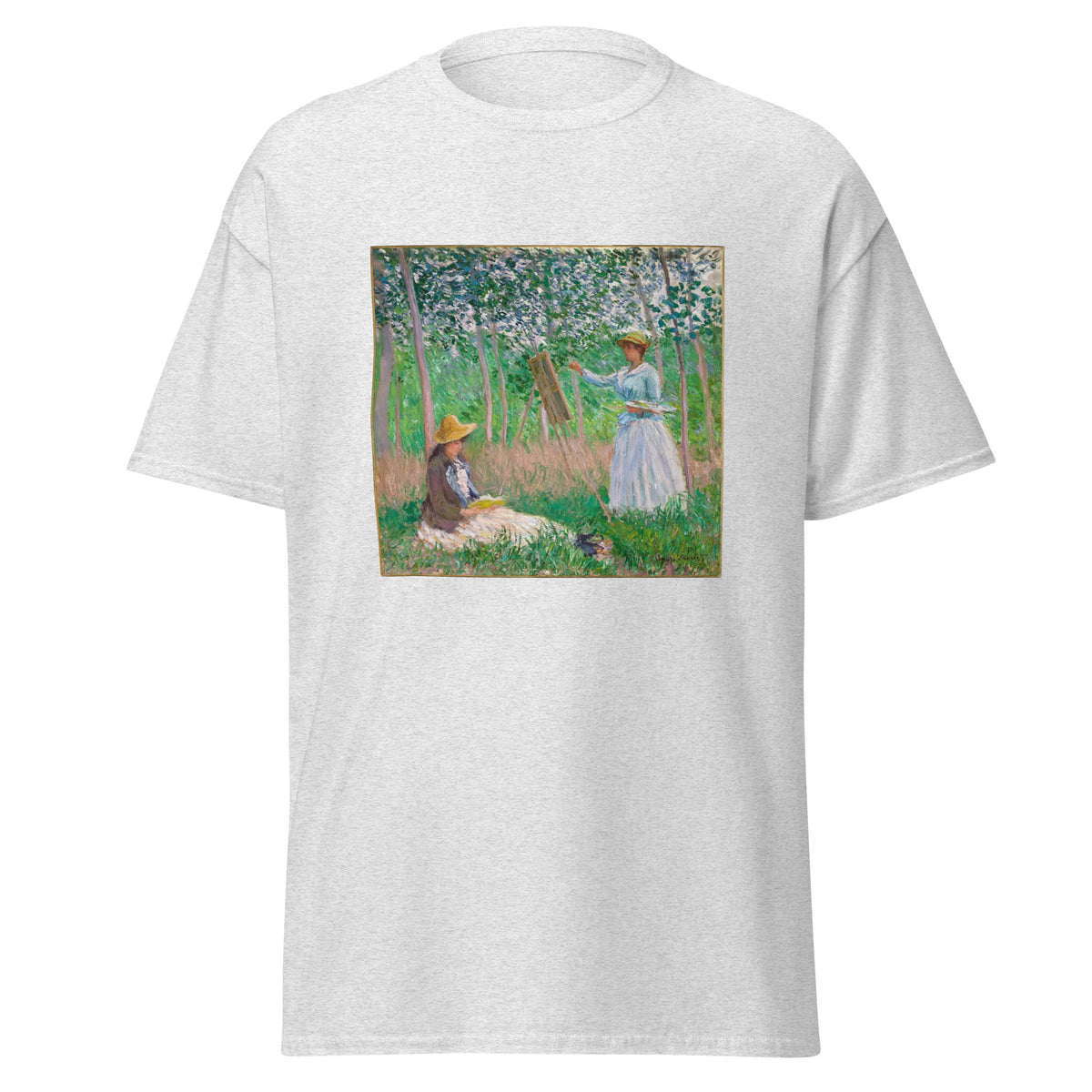 Unisex t-shirt featuring Claude Monet 'In The Woods At Giverny' artwork, shown in Ash, front view, sizes S–5XL