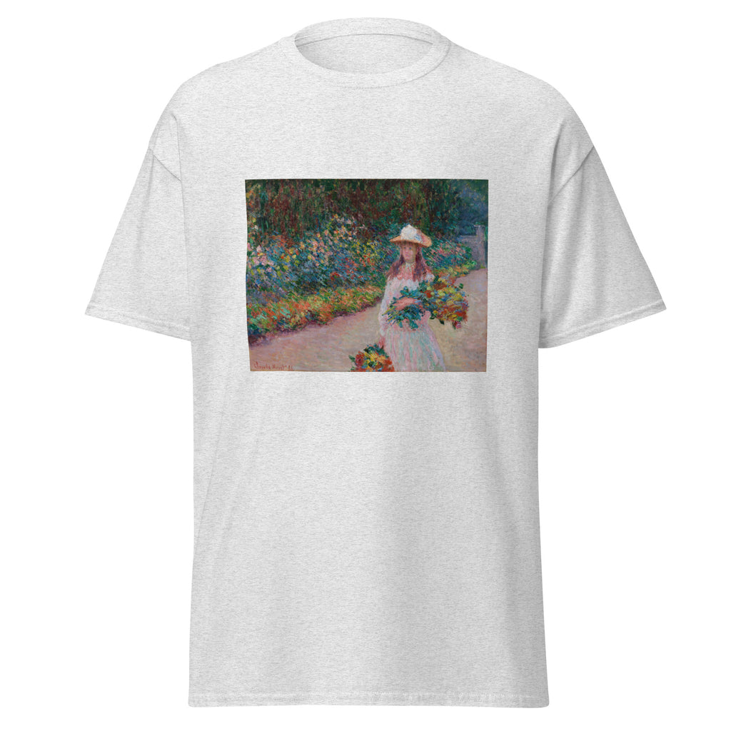 Unisex t-shirt featuring Claude Monet 'Jeune fille dans le jardin' artwork, shown in Ash, front view, sizes S–5XL