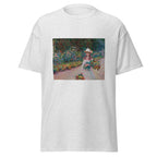 Unisex t-shirt featuring Claude Monet 'Jeune fille dans le jardin' artwork, shown in Ash, front view, sizes S–5XL