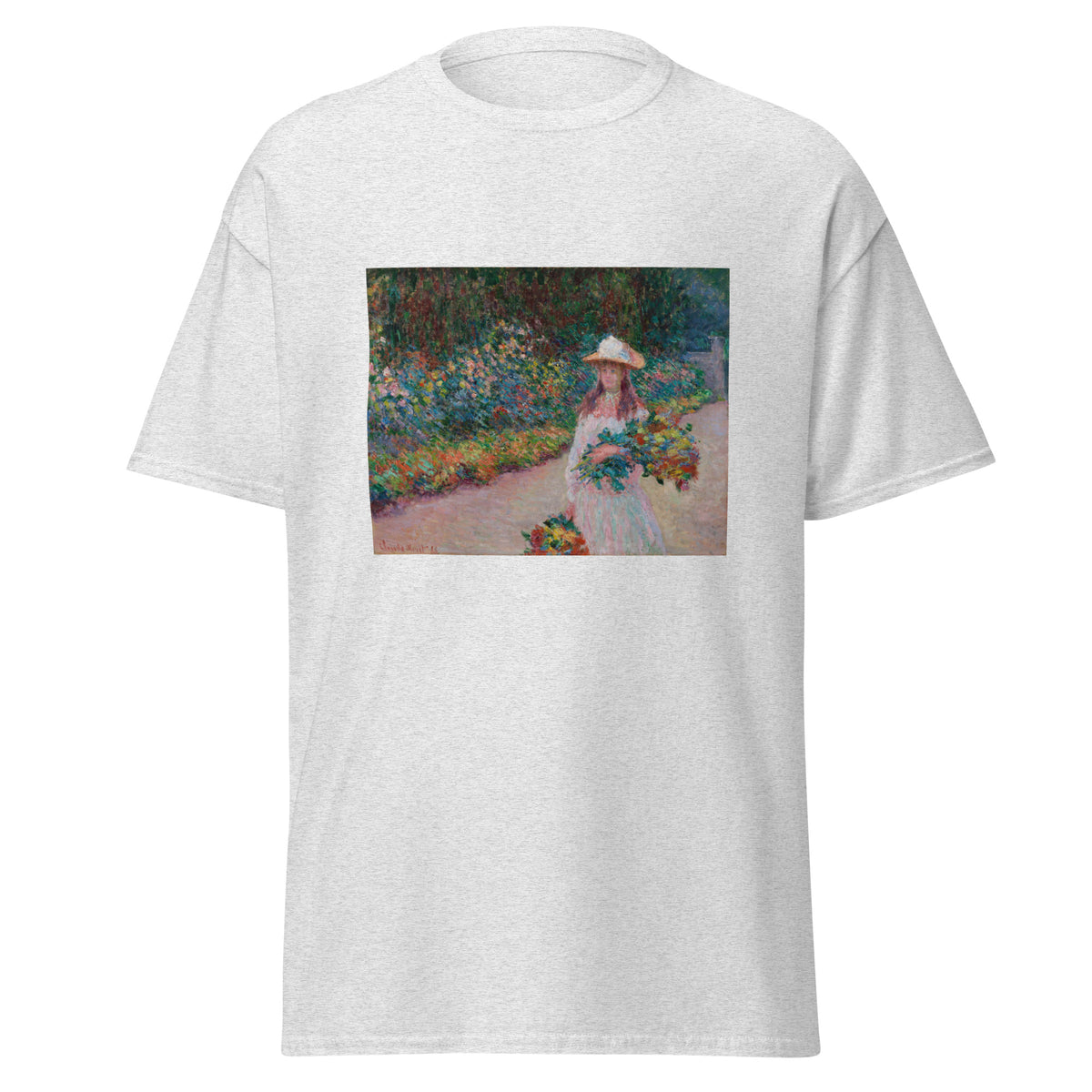 Unisex t-shirt featuring Claude Monet 'Jeune fille dans le jardin' artwork, shown in Ash, front view, sizes S–5XL
