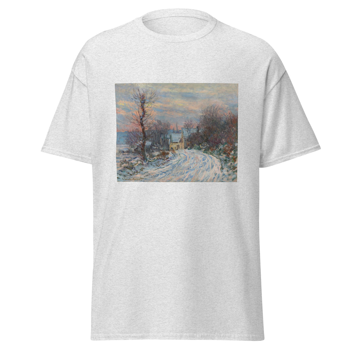 Unisex t-shirt featuring Claude Monet 'L’entrée De Giverny En Hiver' artwork, shown in Ash, front view, sizes S–5XL
