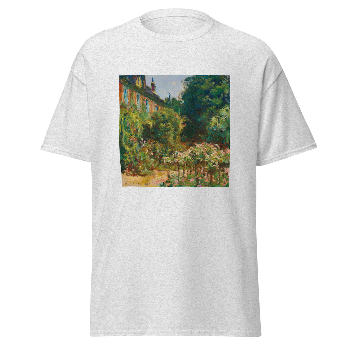 Unisex t-shirt featuring Claude Monet 'La maison de l’artiste' artwork, shown in Ash, front view, sizes S–5XL