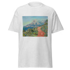 Unisex t-shirt featuring Claude Monet 'La route rouge' artwork, shown in Ash, front view, sizes S–5XL