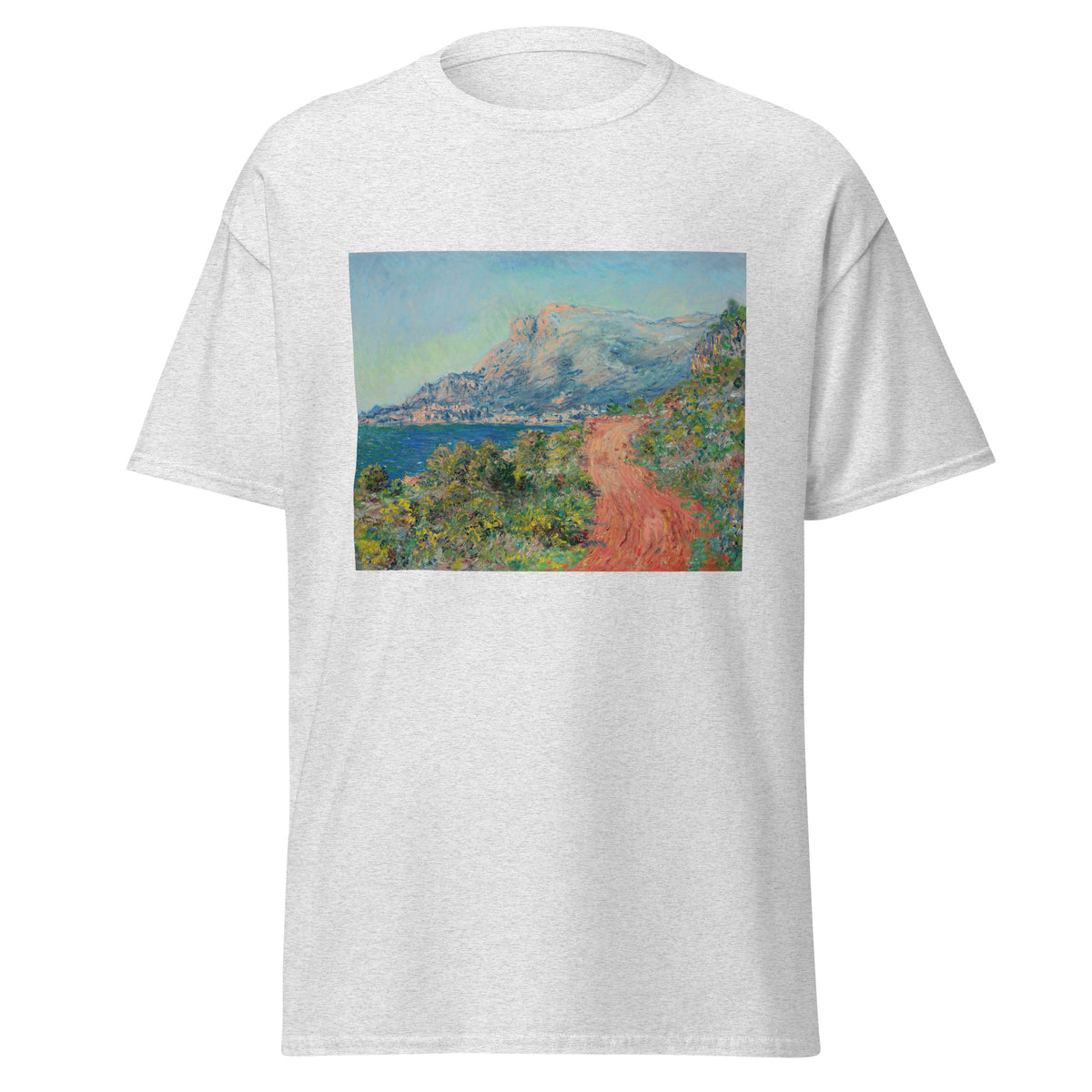 Unisex t-shirt featuring Claude Monet 'La route rouge' artwork, shown in Ash, front view, sizes S–5XL