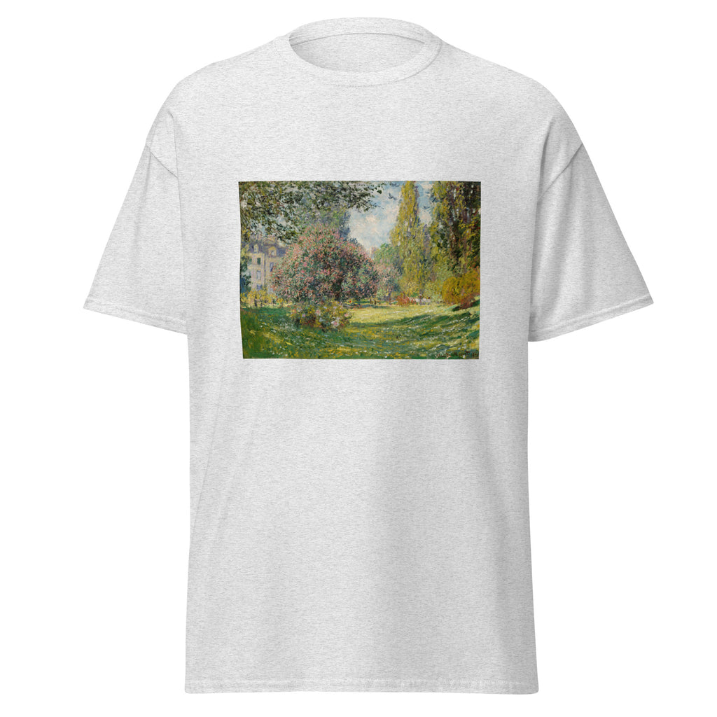 Unisex t-shirt featuring Claude Monet 'Parc Monceau' artwork, shown in Ash, front view, sizes S–5XL