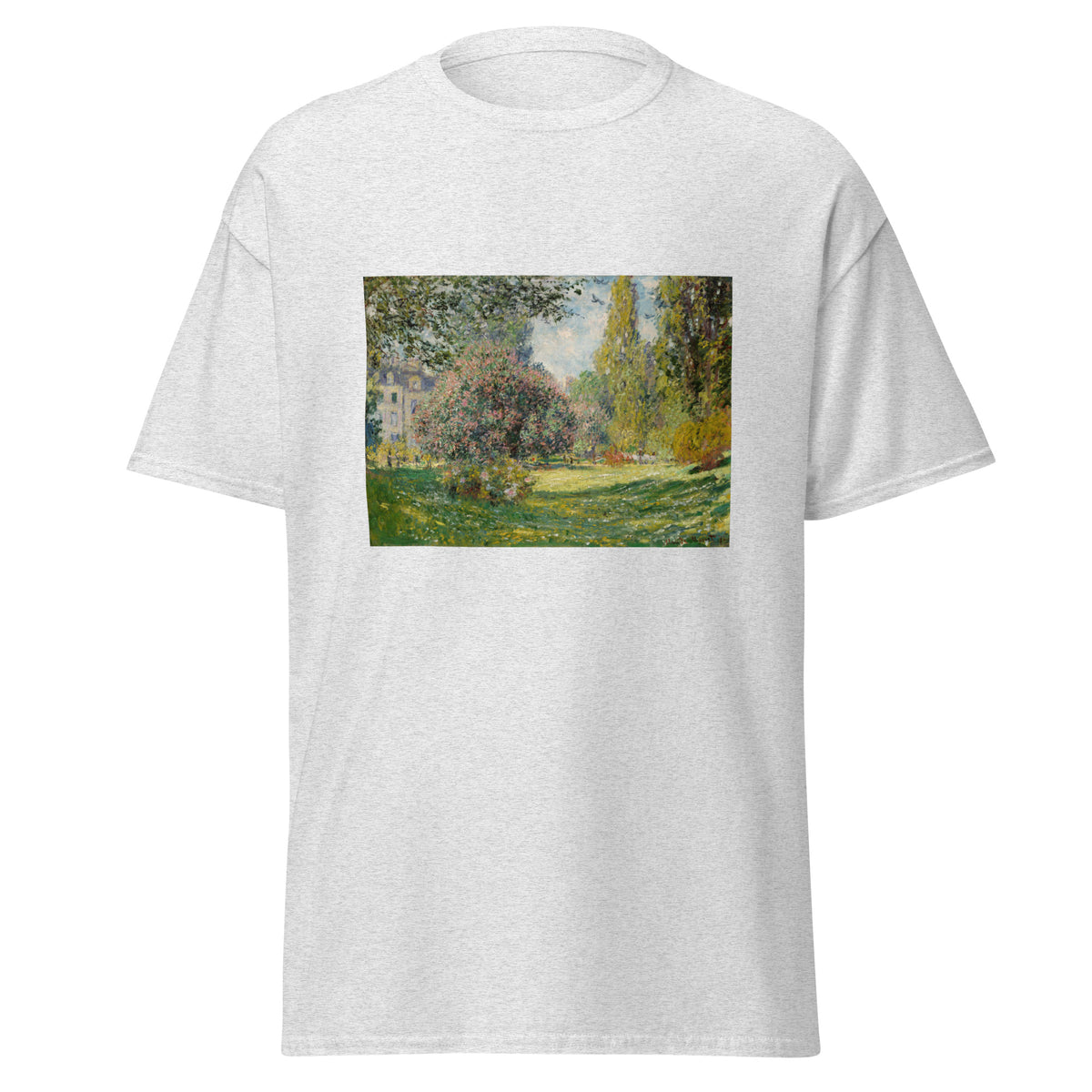 Unisex t-shirt featuring Claude Monet 'Parc Monceau' artwork, shown in Ash, front view, sizes S–5XL