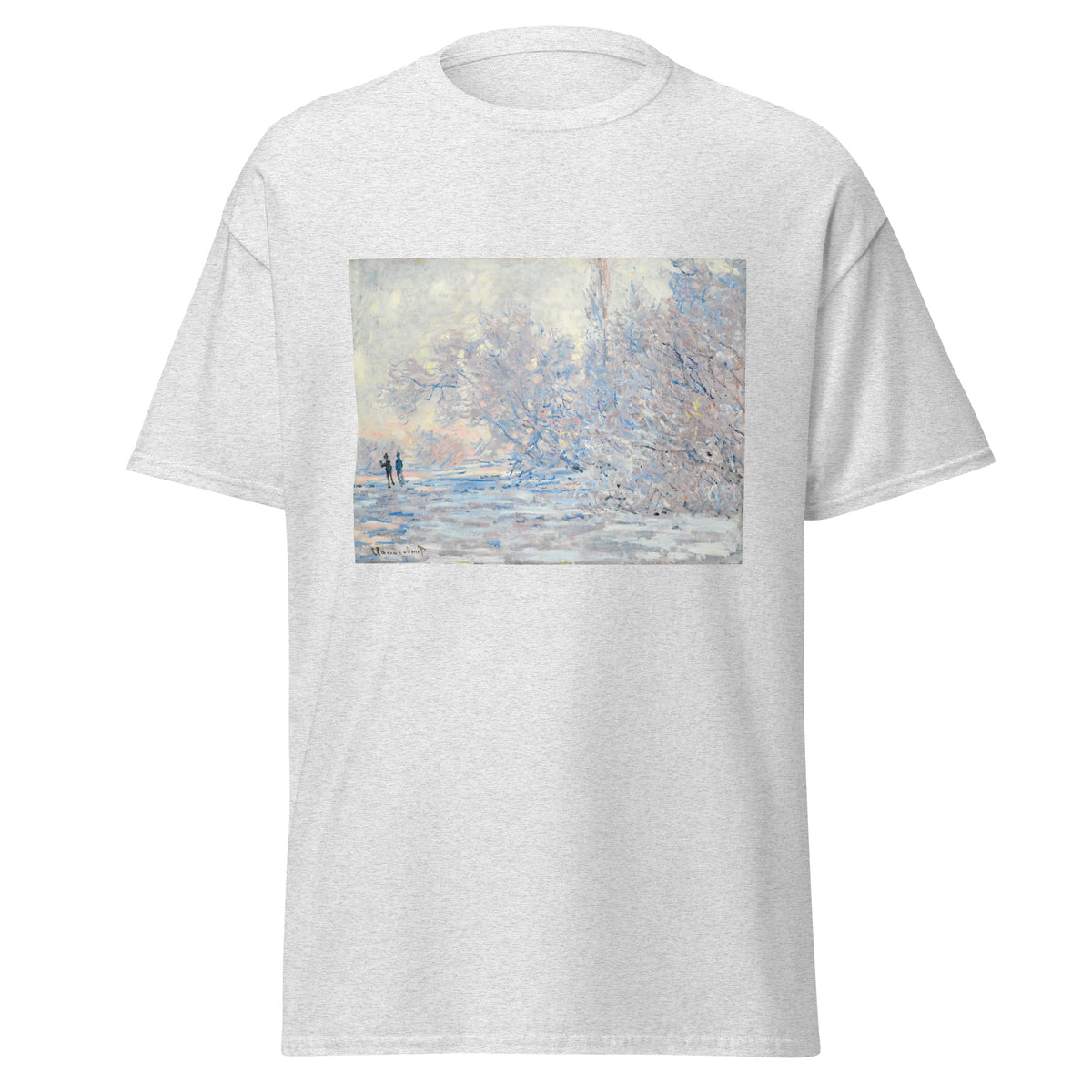 Unisex t-shirt featuring Claude Monet 'Le Givre À Giverny' artwork, shown in Ash, front view, sizes S–5XL