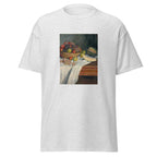 Unisex t-shirt featuring Claude Monet 'Nature morte au melon' artwork, shown in Ash, front view, sizes S–5XL