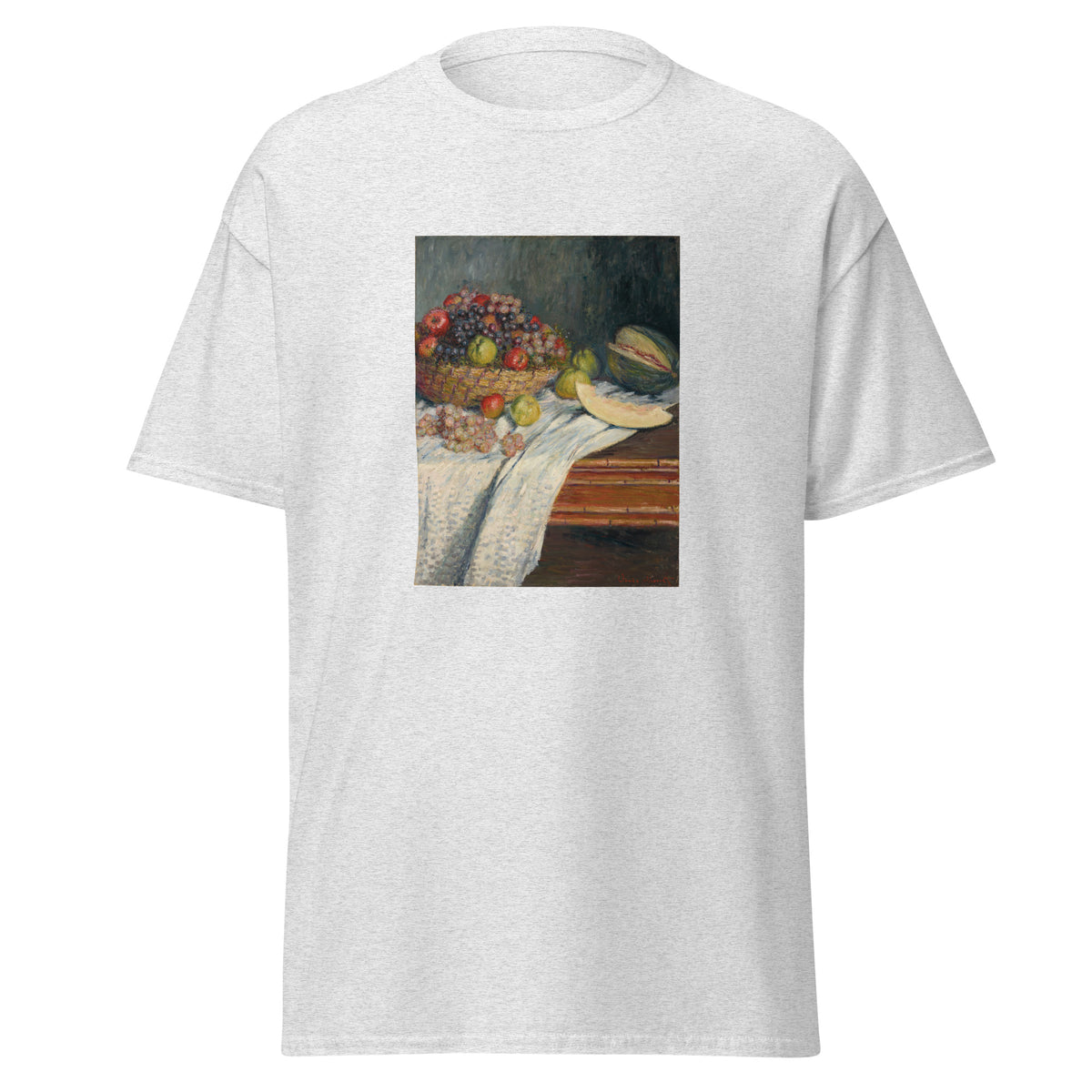 Unisex t-shirt featuring Claude Monet 'Nature morte au melon' artwork, shown in Ash, front view, sizes S–5XL