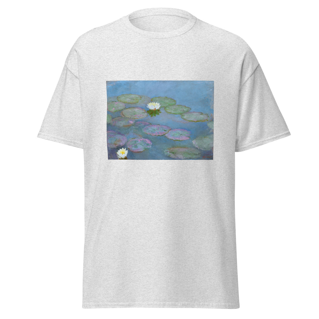Unisex t-shirt featuring Claude Monet 'Nymphéas' artwork, shown in Ash, front view, sizes S–5XL