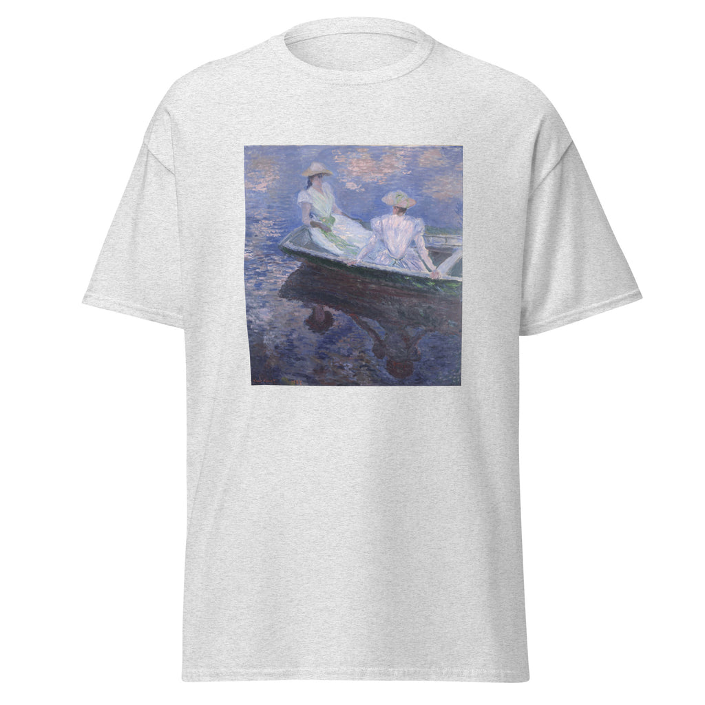 Unisex t-shirt featuring Claude Monet 'On the Boat' artwork, shown in Ash, front view, sizes S–5XL