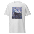 Unisex t-shirt featuring Claude Monet 'On the Boat' artwork, shown in Ash, front view, sizes S–5XL