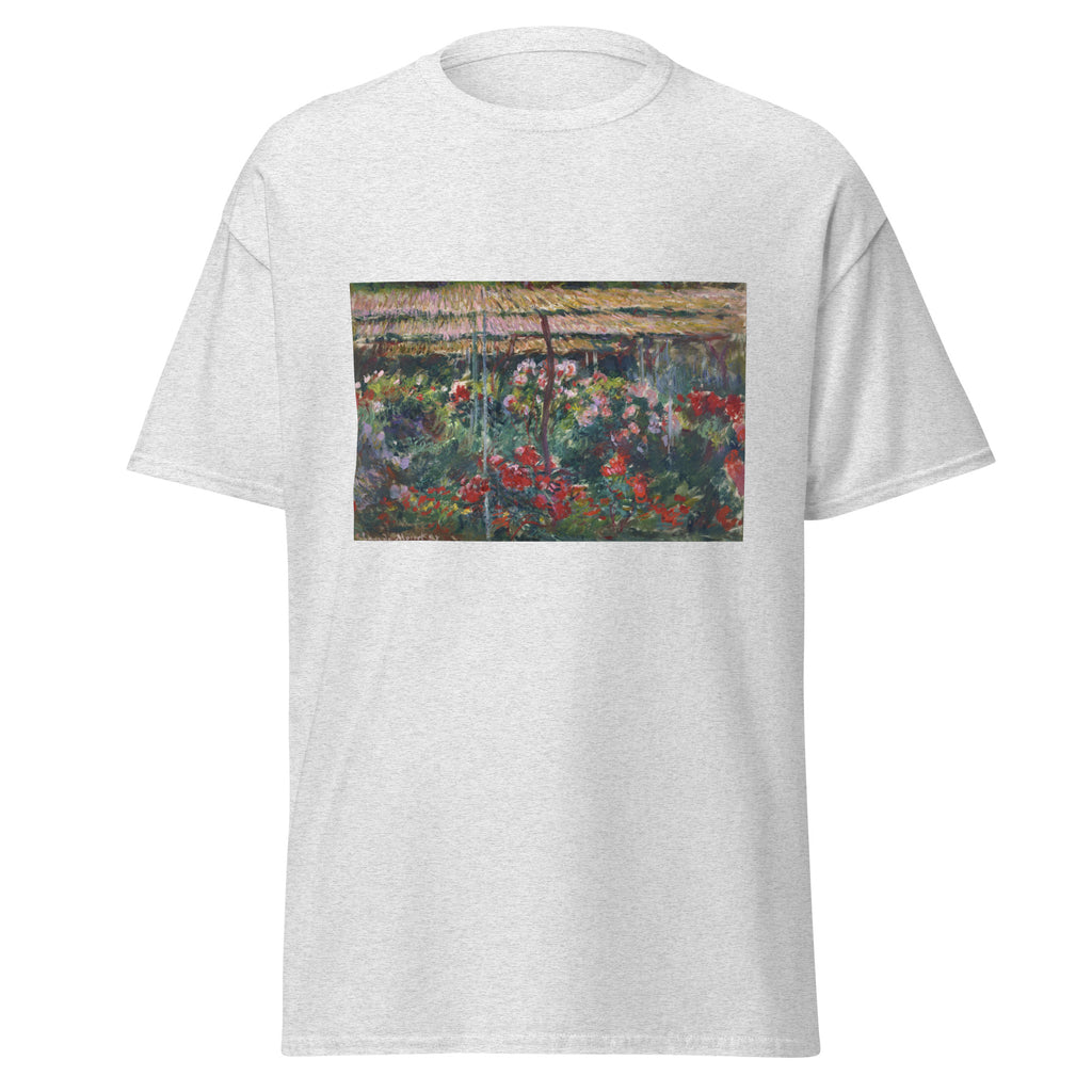Unisex t-shirt featuring Claude Monet 'Peony Garden' artwork, shown in Ash, front view, sizes S–5XL