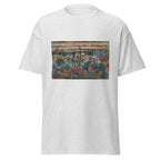 Unisex t-shirt featuring Claude Monet 'Peony Garden' artwork, shown in Ash, front view, sizes S–5XL