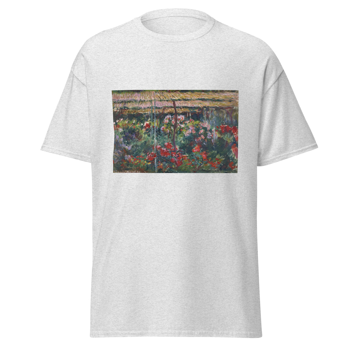 Unisex t-shirt featuring Claude Monet 'Peony Garden' artwork, shown in Ash, front view, sizes S–5XL