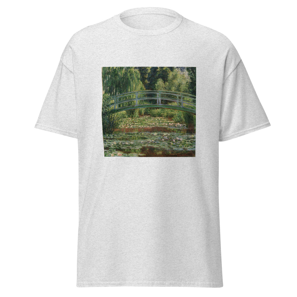 Unisex t-shirt featuring Claude Monet 'Poirier En Fleurs' artwork, shown in Ash, front view, sizes S–5XL
