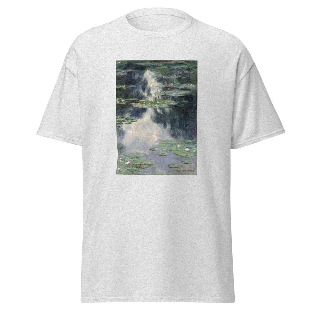 Unisex t-shirt featuring Claude Monet 'Pond with Water Lilies' artwork, shown in Ash, front view, sizes S–5XL