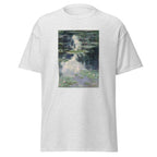 Unisex t-shirt featuring Claude Monet 'Pond with Water Lilies' artwork, shown in Ash, front view, sizes S–5XL
