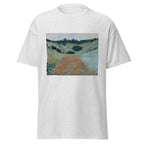 Unisex t-shirt featuring Claude Monet 'Poppy Field in a Hollow near Giverny' artwork, shown in Ash, front view, sizes S–5XL