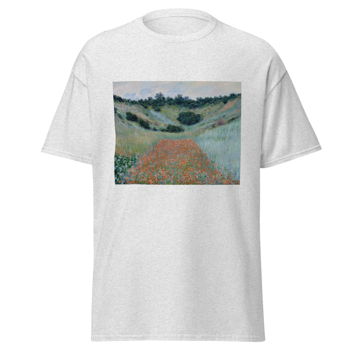 Unisex t-shirt featuring Claude Monet 'Poppy Field in a Hollow near Giverny' artwork, shown in Ash, front view, sizes S–5XL