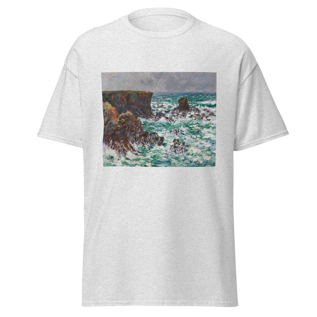Unisex t-shirt featuring Claude Monet 'Port-Coton, Le Lion' artwork, shown in Ash, front view, sizes S–5XL