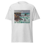 Unisex t-shirt featuring Claude Monet 'Port-Coton, Le Lion' artwork, shown in Ash, front view, sizes S–5XL