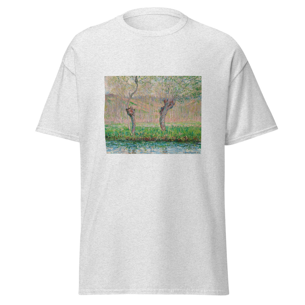 Unisex t-shirt featuring Claude Monet 'Printemps, saules' artwork, shown in Ash, front view, sizes S–5XL