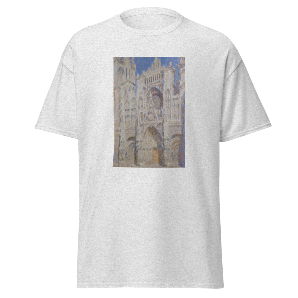 Unisex t-shirt featuring Claude Monet 'Rouen Cathedral The Portal' artwork, shown in Ash, front view, sizes S–5XL