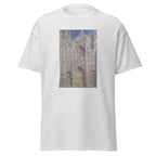 Unisex t-shirt featuring Claude Monet 'Rouen Cathedral The Portal' artwork, shown in Ash, front view, sizes S–5XL