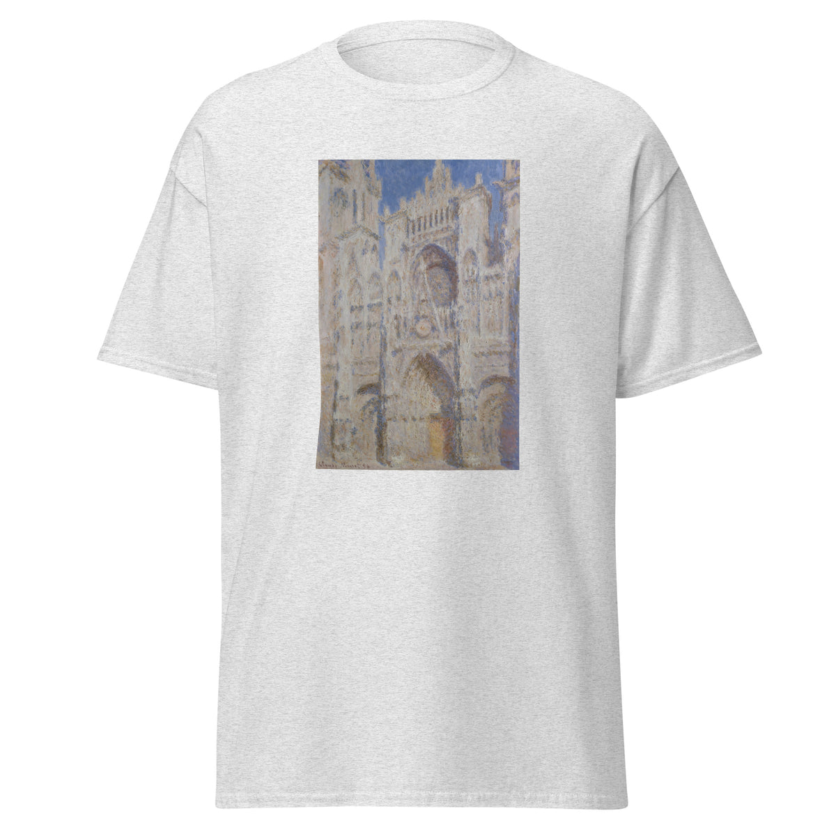 Unisex t-shirt featuring Claude Monet 'Rouen Cathedral The Portal' artwork, shown in Ash, front view, sizes S–5XL