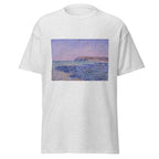 Unisex t-shirt featuring Claude Monet 'The Cliffs at Pourvill' artwork, shown in Ash, front view, sizes S–5XL