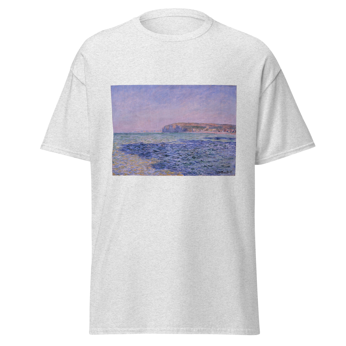 Unisex t-shirt featuring Claude Monet 'The Cliffs at Pourvill' artwork, shown in Ash, front view, sizes S–5XL