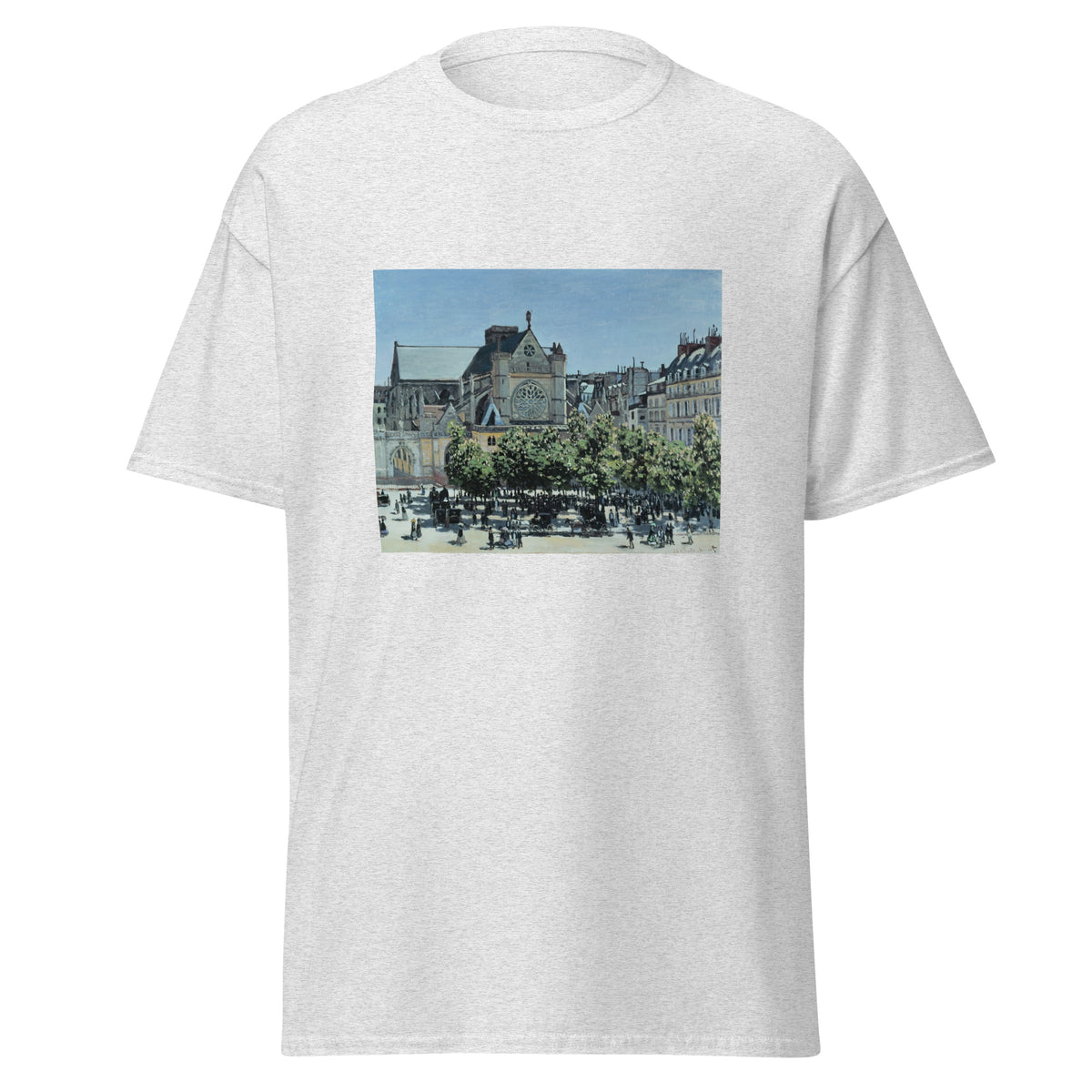 Unisex t-shirt featuring Claude Monet 'St. Germain l’Auxerrois' artwork, shown in Ash, front view, sizes S–5XL