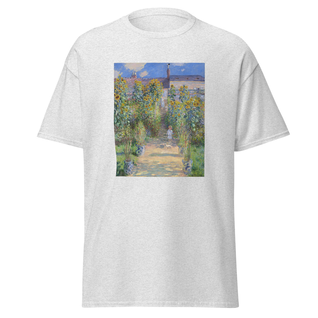 Unisex t-shirt featuring Claude Monet 'The Artist’s Garden at Vétheuil' artwork, shown in Ash, front view, sizes S–5XL