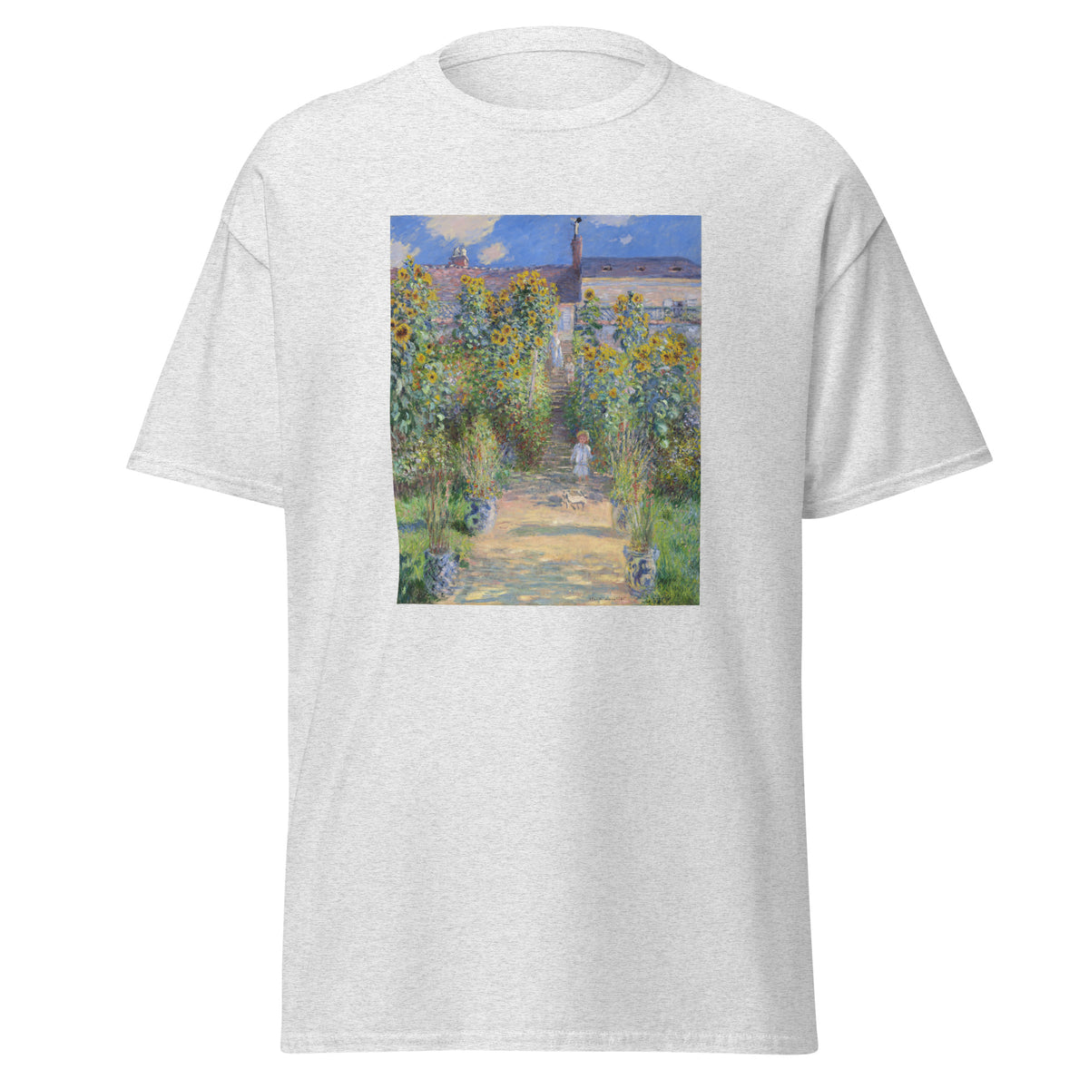 Unisex t-shirt featuring Claude Monet 'The Artist’s Garden at Vétheuil' artwork, shown in Ash, front view, sizes S–5XL