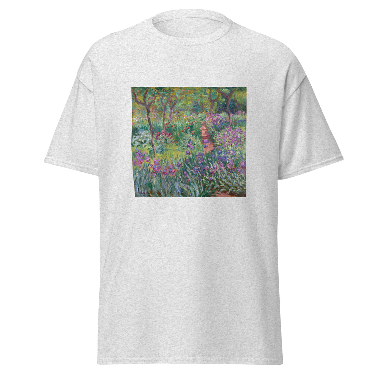 Unisex t-shirt featuring Claude Monet 'The Artist’s Garden in Giverny' artwork, shown in Ash, front view, sizes S–5XL