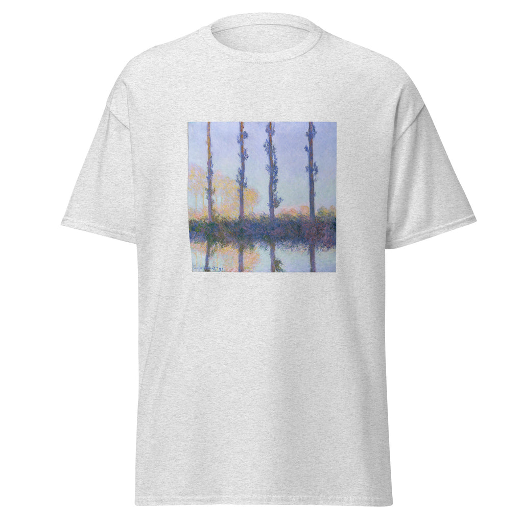 Unisex t-shirt featuring Claude Monet 'The Four Trees' artwork, shown in Ash, front view, sizes S–5XL